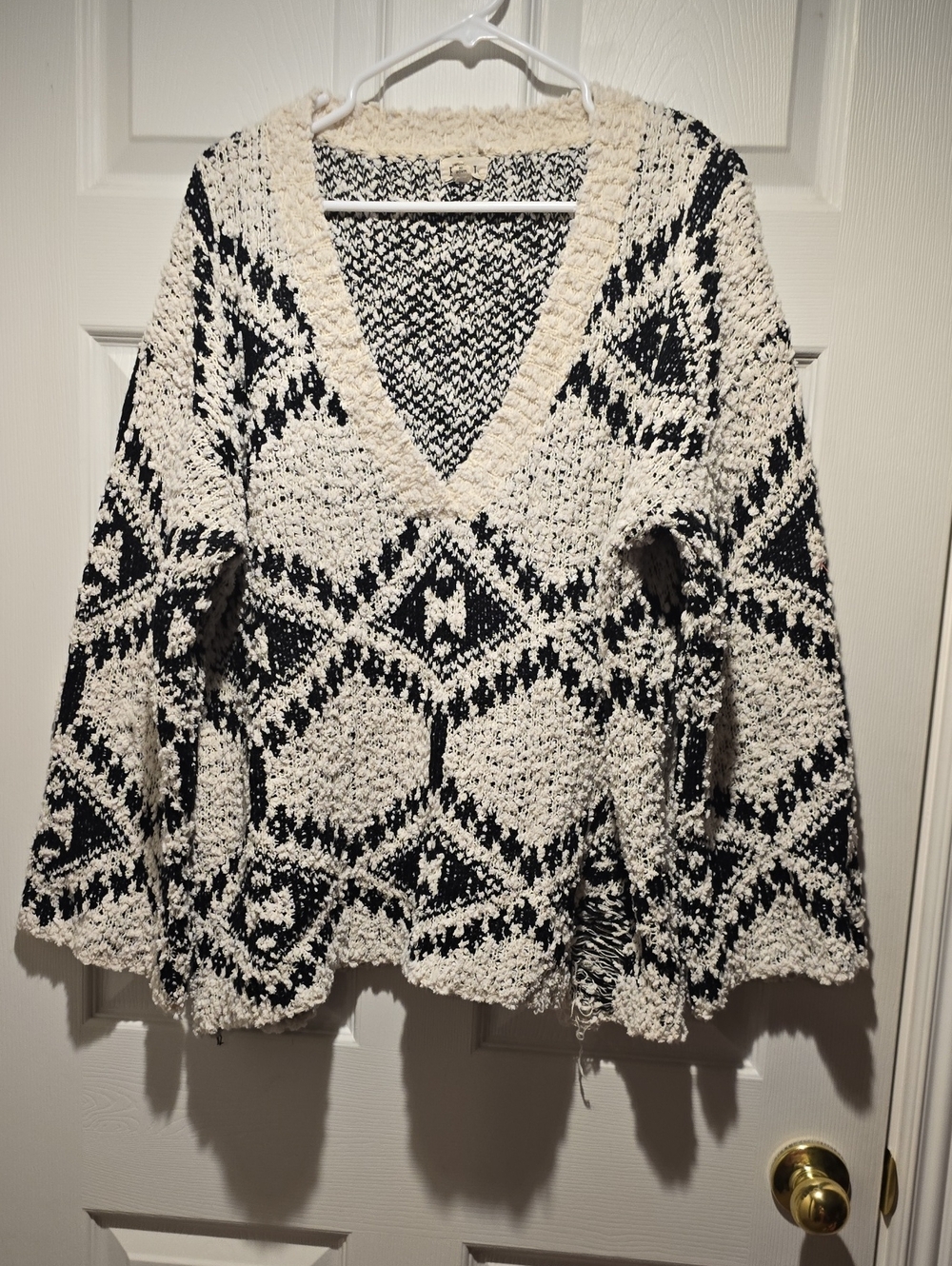 POL Black & Cream Geometric V-Neck Sweater With Small Distressing.